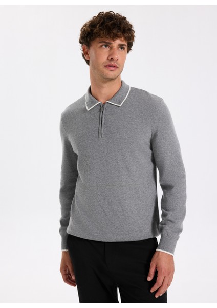 Polo Yaka Slim Fit Düz Gri Melanj Erkek Kazak F5WM-KZK 2319 modelleri