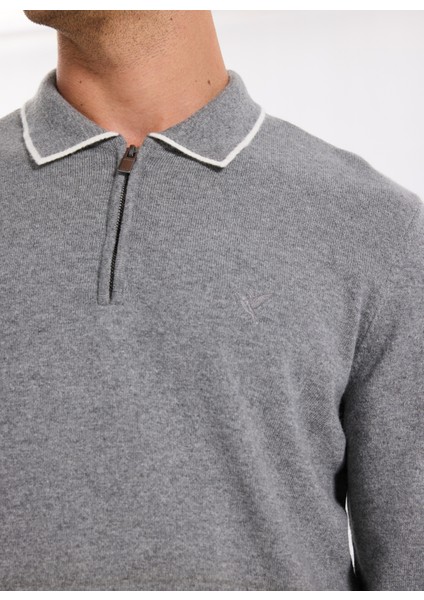 Polo Yaka Slim Fit Düz Gri Melanj Erkek Kazak F5WM-KZK 2319 fırsatları