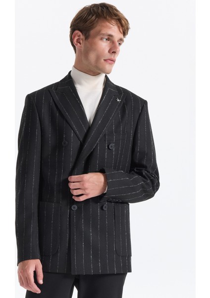 Slim Fit Siyah Erkek Çizgili Ceket Sankruv- 2- Pb