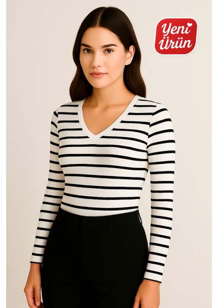 V Yaka Uzun Kol Fitilli Bluz