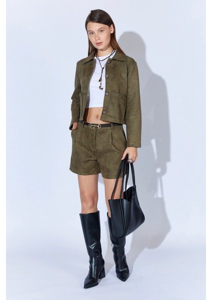 Cepli Kısa Süet Kadın Ceket (Haki)