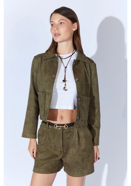 Cepli Kısa Süet Kadın Ceket (Haki) modelleri