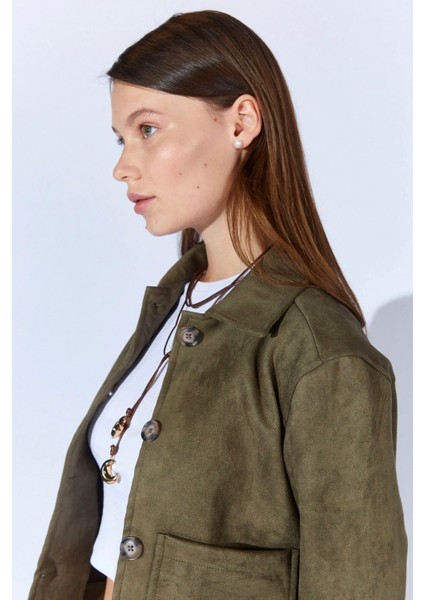 Cepli Kısa Süet Kadın Ceket (Haki) fırsatları