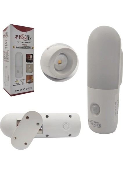 Hıghtek HT-3256 Galata Sensörlü Lamba Aplik Şarjlı 3 Modlu Beyaz + Günışığı