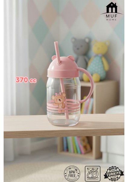Bebek ve Çocuklara Özel Pipetli Kulplu Bardak Matara Suluk 370ML Cam Sütlük - Sevimli Ayıcıklı Tasarım - Sağlıklı & Güvenli