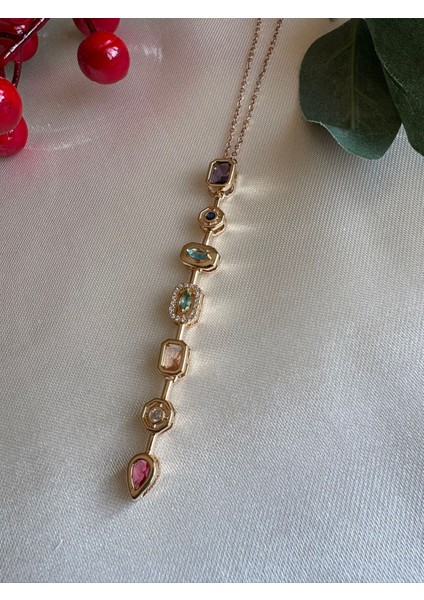 316L Gold Renk Taş Detaylı Çelik Y Kolye-Renkli Taşlı Minimal Model 7 Farklı Taştan Oluşan Kadın Kolye