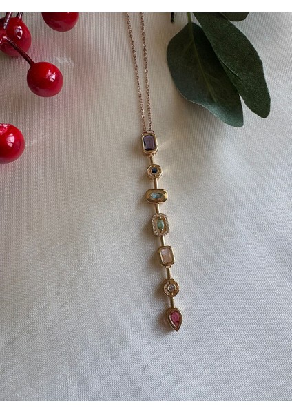 316L Gold Renk Taş Detaylı Çelik Y Kolye-Renkli Taşlı Minimal Model 7 Farklı Taştan Oluşan Kadın Kolye modelleri