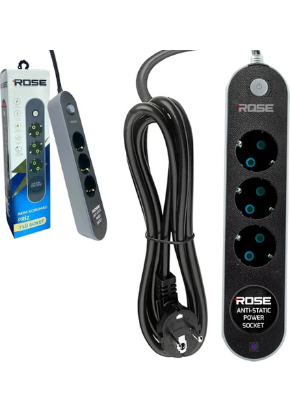 GR-300-5M 3lü Akım Korumalı Priz 5 Metre Anahtarlı