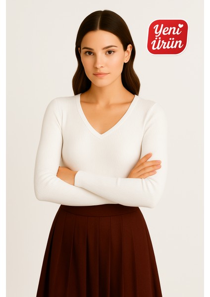 V Yaka Uzun Kol Fitilli Bluz