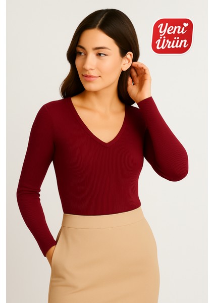 V Yaka Uzun Kol Fitilli Bluz