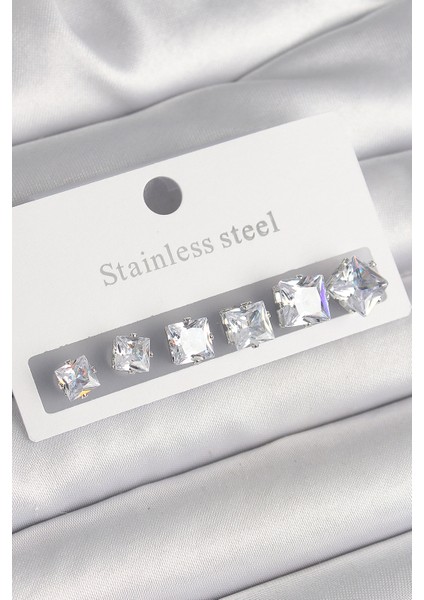316L Çelik Gümüş Renk Kare Zirkon Taşlı Kadın Küpe Seti