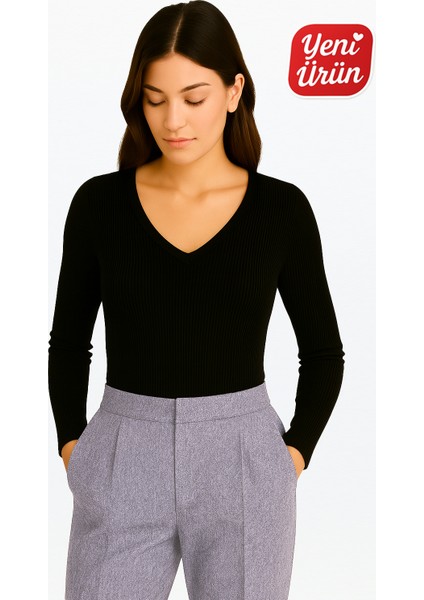 V Yaka Uzun Kol Fitilli Bluz
