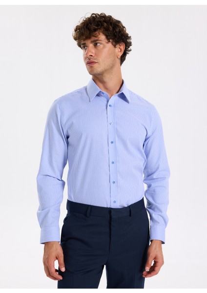 Slim Fit Sumos Yaka Çizgili Koyu Mavi Erkek Gömlek F5WM-GML 2582