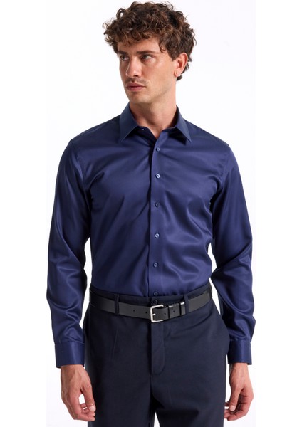 Slim Fit Sumos Yaka Düz Lacivert Erkek Gömlek F5WM-GML 2581 modelleri