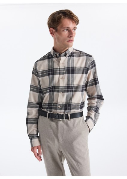 Regular Fit Düğmeli Yaka Ekose Bej - Lacivert Erkek Gömlek F5WM-GML 2506