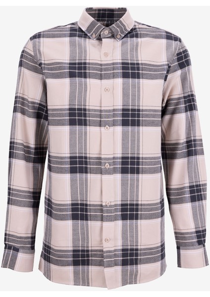 Regular Fit Düğmeli Yaka Ekose Bej - Lacivert Erkek Gömlek F5WM-GML 2506 modelleri