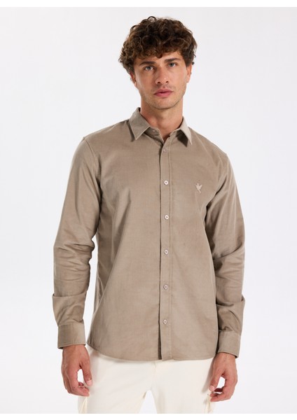 Slim Fit Gömlek Yaka Düz Vizon Erkek Gömlek F5WM-GML 2378