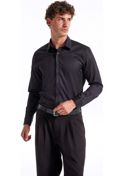 Slim Fit Sumos Yaka Düz Siyah Erkek Gömlek F5WM-GML 2581