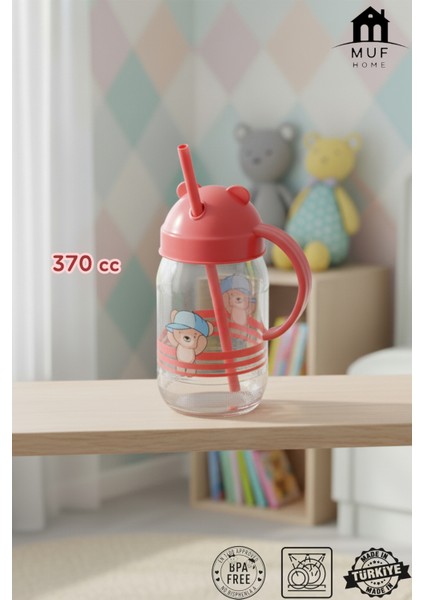 Bebek ve Çocuklara Özel Pipetli Kulplu Bardak Matara Suluk 370ML Cam Sütlük - Sevimli Ayıcıklı Tasarım - Sağlıklı & Güvenli