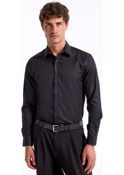 Slim Fit Sumos Yaka Düz Siyah Erkek Gömlek F5WM-GML 2581 modelleri