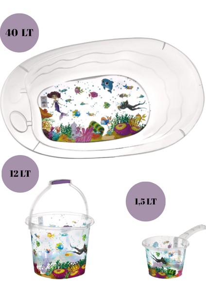 Bebek Banyo Seti Şeffaf Balık Desenli Küvet Kova Maşrapa Seti Şeffaf Renk