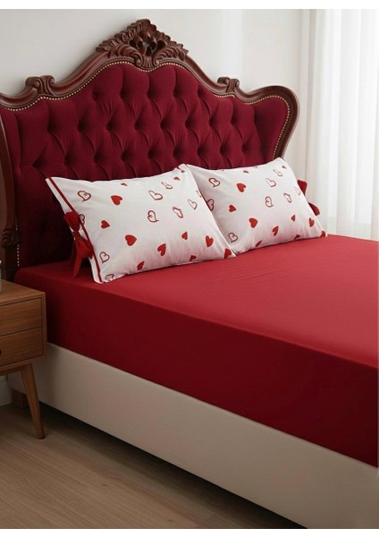 Tasarım Kırmızı Aşk Temalı Romantik Çift Kişilik Kurdelalı Yastık ve Çarşaf Takımı (50*70)(160*200)