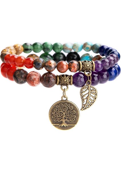 7 Çakra Doğal Taş Bileklik – Yaşam Ağacı & Yaprak Charm, Meditasyon ve Enerji Dengeleyici Bileklik