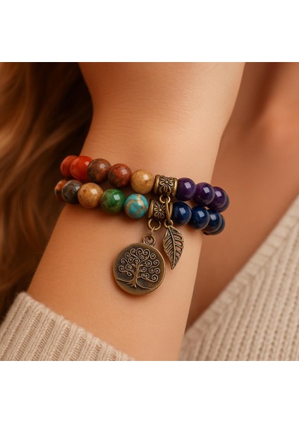 7 Çakra Doğal Taş Bileklik – Yaşam Ağacı & Yaprak Charm, Meditasyon ve Enerji Dengeleyici Bileklik modelleri