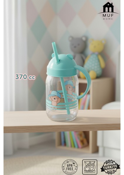 Bebek ve Çocuklara Özel Pipetli Kulplu Bardak Matara Suluk 370ML Cam Sütlük - Sevimli Ayıcıklı Tasarım - Sağlıklı & Güvenli