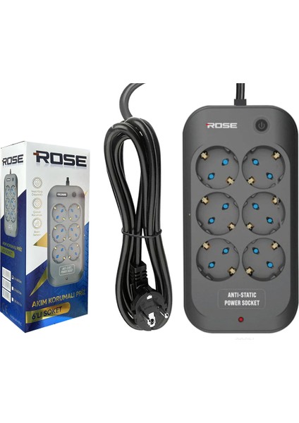 GR-600-2M 6lı Akım Korumalı Priz 2 Metre Anahtarlı