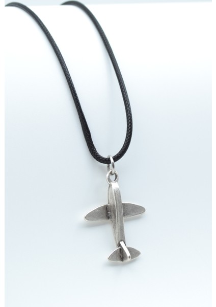 Minimal Uçak Gümüş Kaplama Deri İp Kolye