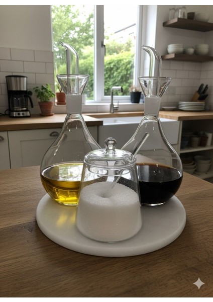 3'lü Cam Yağlık ve Tuzluk Seti – Mermer Altlıklı Şık Sunum Tombul Düz Cam Yağdanlık Set