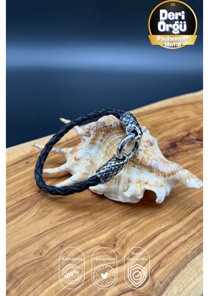 Erkek Deri Örgü Bileklik – Paslanmaz Çelik Kanca Tasarım Bileklik