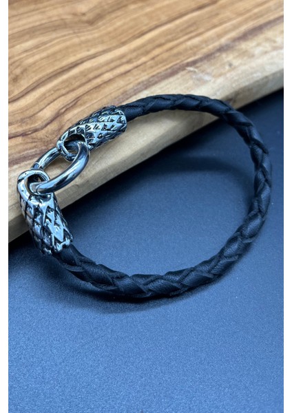 Erkek Deri Örgü Bileklik – Paslanmaz Çelik Kanca Tasarım Bileklik