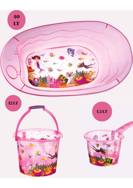 Bebek Banyo Seti Şeffaf Balık Desenli Küvet Kova Maşrapa Seti Pembe Renk