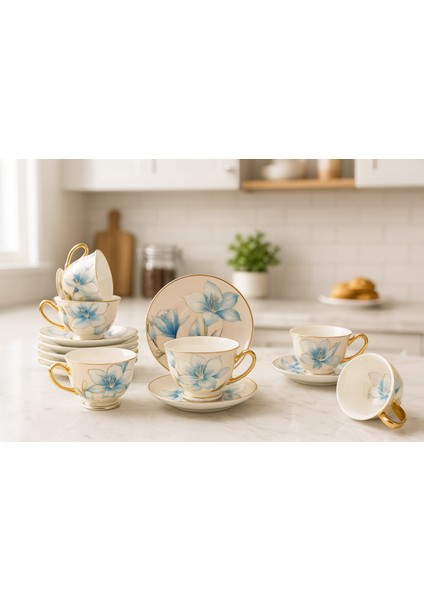 Türk Kahve Fincanı Vintage Esintili Çift Renkli Mavi Çiçek Şık Desenli 6 Kişilik 12 Parça