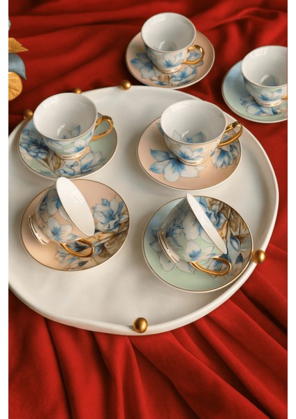 Türk Kahve Fincanı Vintage Esintili Çift Renkli Mavi Çiçek Şık Desenli 6 Kişilik 12 Parça fiyatları