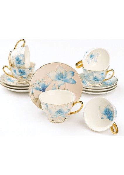 Türk Kahve Fincanı Vintage Esintili Çift Renkli Mavi Çiçek Şık Desenli 6 Kişilik 12 Parça modelleri
