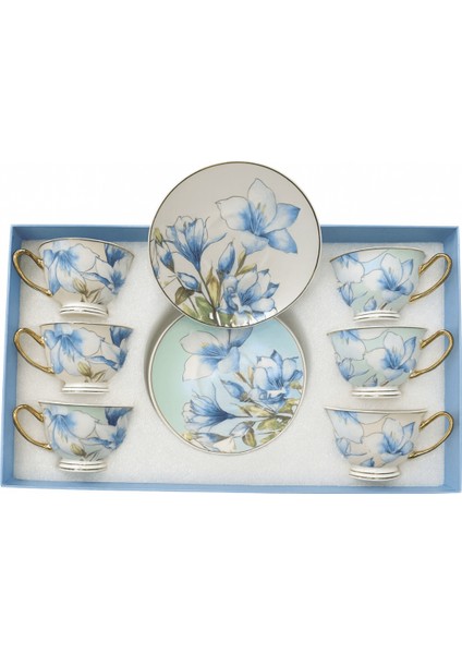 Türk Kahve Fincanı Vintage Esintili Çift Renkli Mavi Çiçek Şık Desenli 6 Kişilik 12 Parça fırsatları