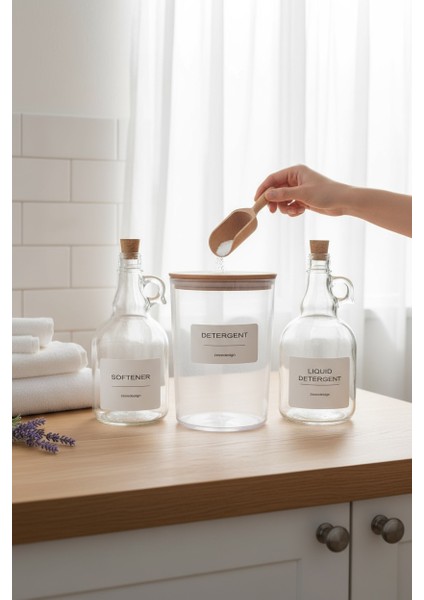 3'lü Set - Ahşap Kapaklı Toz Deterjan Kavanozu & Sıvı Deterjan ve Yumuşatıcı Şişesi Mantar Kapak