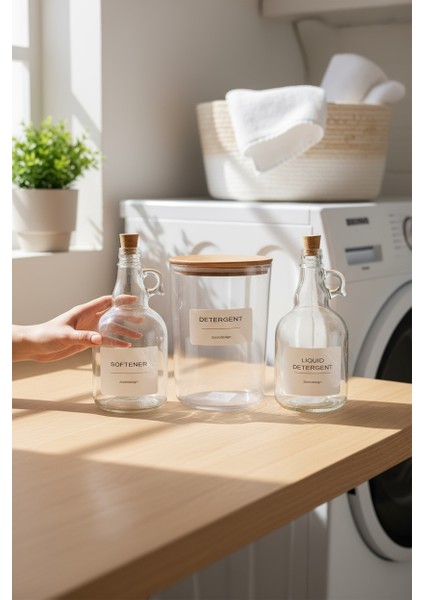3'lü Set - Ahşap Kapaklı Toz Deterjan Kavanozu & Sıvı Deterjan ve Yumuşatıcı Şişesi Mantar Kapak fiyatları