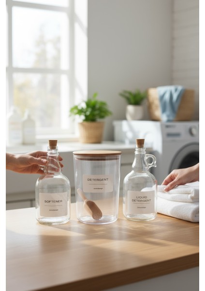 3'lü Set - Ahşap Kapaklı Toz Deterjan Kavanozu & Sıvı Deterjan ve Yumuşatıcı Şişesi Mantar Kapak modelleri