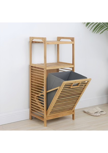 2 Organizer Raflı - Çek Aç Sepet Ahşap Bambu Kirli Çamaşır Sepet 40x35x95cm (4915) Go-53-vice/(1395)