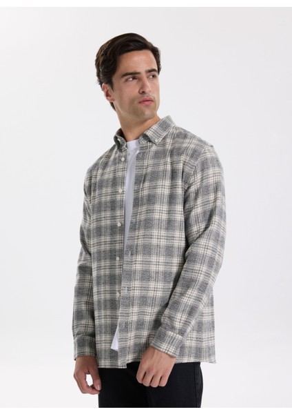 Regular Fit Düğmeli Yaka Ekose Gri Erkek Gömlek F5WM-GML 2365