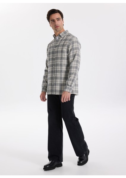 Regular Fit Düğmeli Yaka Ekose Gri Erkek Gömlek F5WM-GML 2365 fiyatları