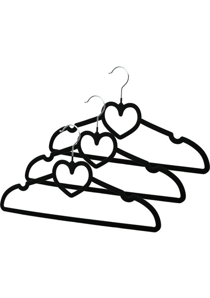 3pcs Siyah Kadife Kaplı - Kalpli Plastik Askı Metal Uçlu (4915)