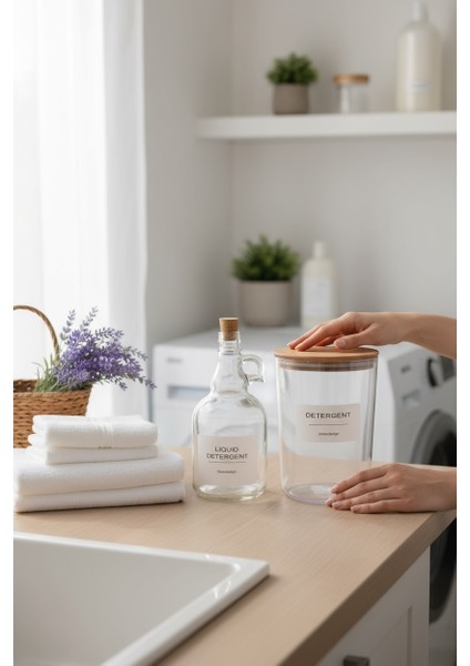 Ahşap Kapaklı Toz Deterjan Kavanozu / Kutusu 2300ML ve Sıvı Deterjan Şişesi Mantar Kapak 1000ML modelleri