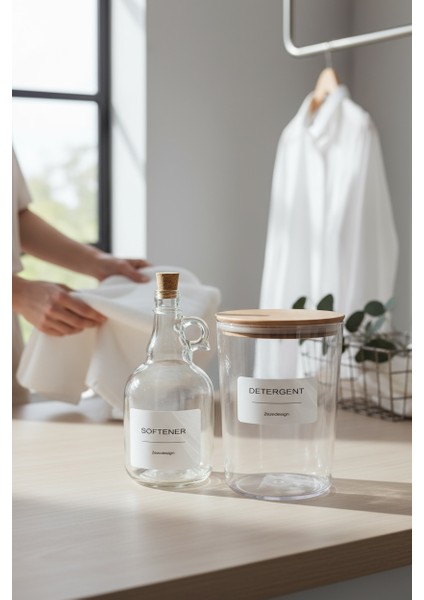 Ahşap Kapaklı Toz Deterjan Kavanozu / Kutusu 2300ML ve Yumuşatıcı Şişesi Mantar Kapak 1000ML fiyatları