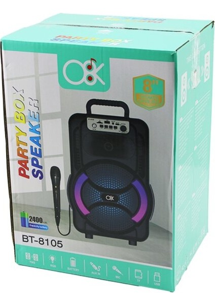 8 İnç Speaker Mikrofonlu Işıklı Hoparlör 2400mah Bluetooth Usb - Aux - Tf - Bluetooht - Dc 5v Bt-8105 (4915)