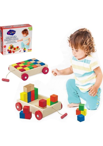Renkli Küp Bloklu Kutulu Ahşap Çekçek Araba Kız Erkek Çocuk Oyuncak Eğitici Oyuncaklar
